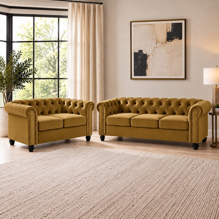 Chesterfield Velvet Fabric 2+3 Seater Sofa Set, Gold Velvet