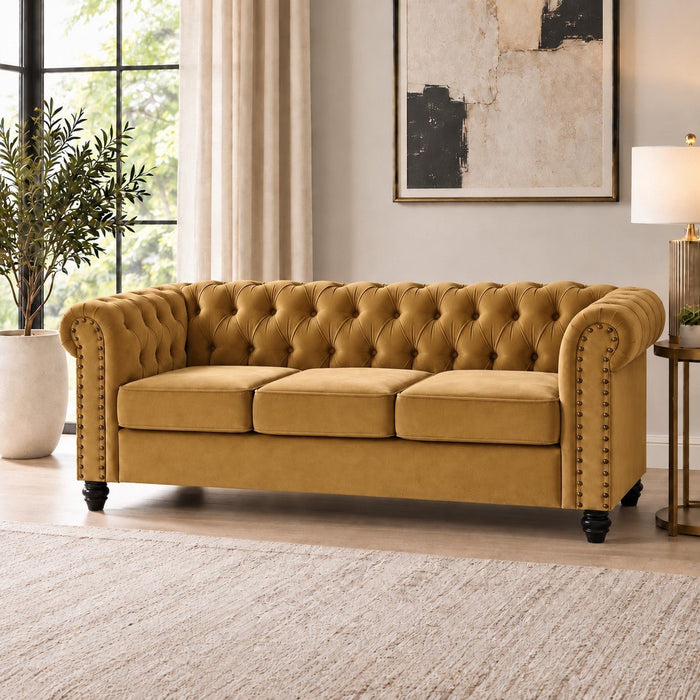 Chesterfield Velvet Fabric 3 Seater Sofa, Gold