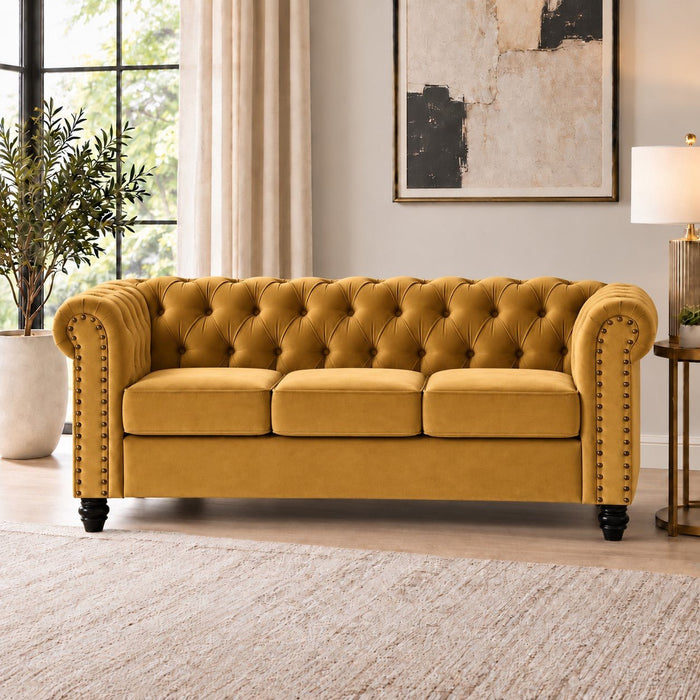 Chesterfield Velvet Fabric 3 Seater Sofa, Gold