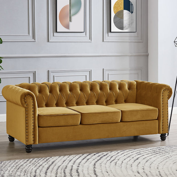 Chesterfield Velvet Fabric 3 Seater Sofa, Gold