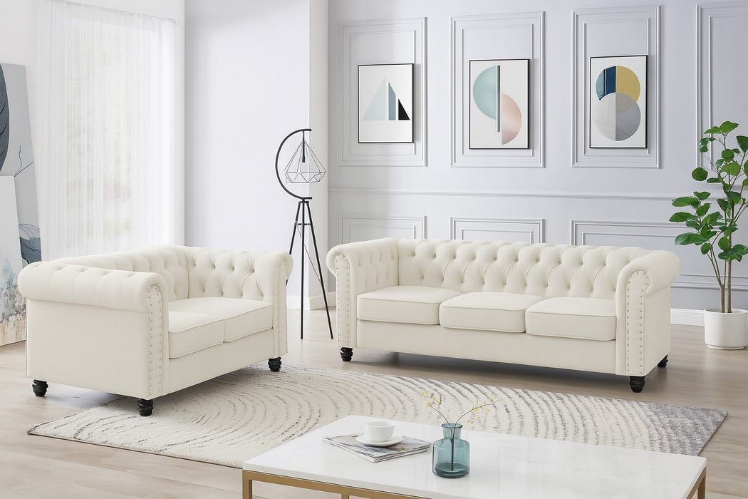 Chesterfield Velvet Fabric 3 Seater Sofa, Cream Velvet