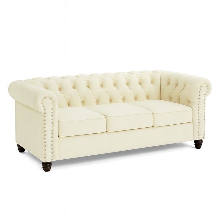 Chesterfield Velvet Fabric 2+3 Seater Sofa Set, Cream Velvet