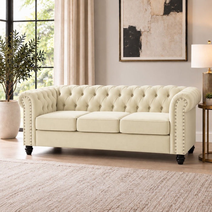 Chesterfield Velvet Fabric 3 Seater Sofa, Cream Velvet