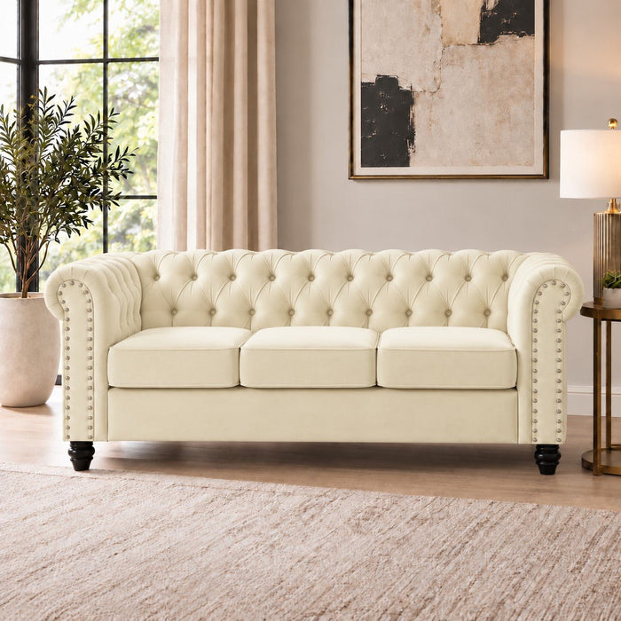 Chesterfield Velvet Fabric 2+3 Seater Sofa Set, Cream Velvet