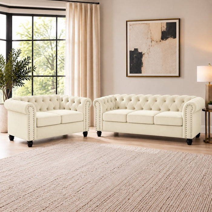 Chesterfield Velvet Fabric 2+3 Seater Sofa Set, Cream Velvet
