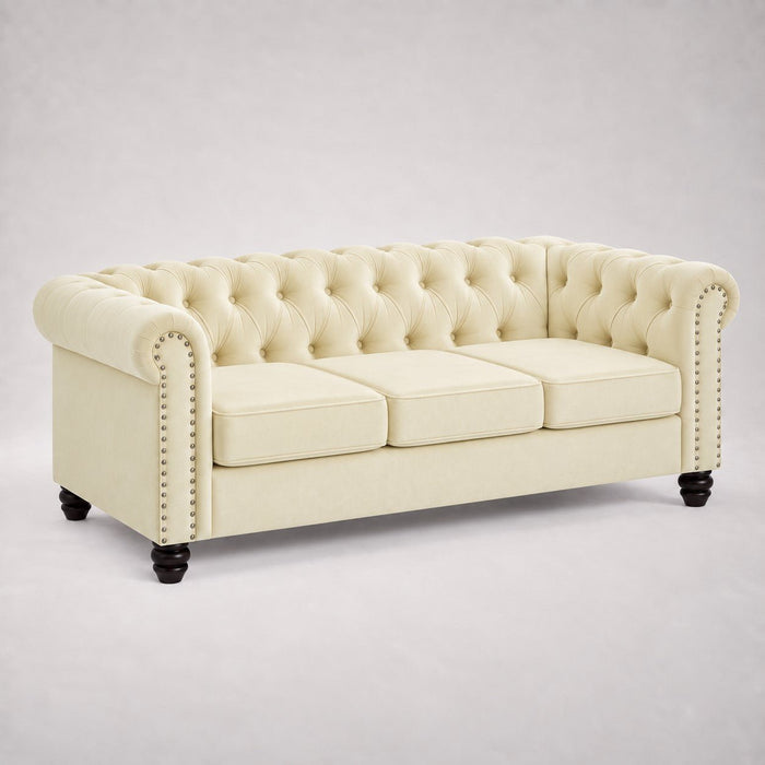 Chesterfield Velvet Fabric 2+3 Seater Sofa Set, Cream Velvet