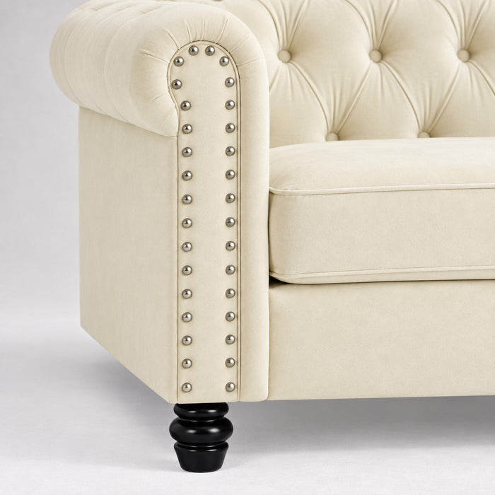 Chesterfield Velvet Fabric 2+3 Seater Sofa Set, Cream Velvet