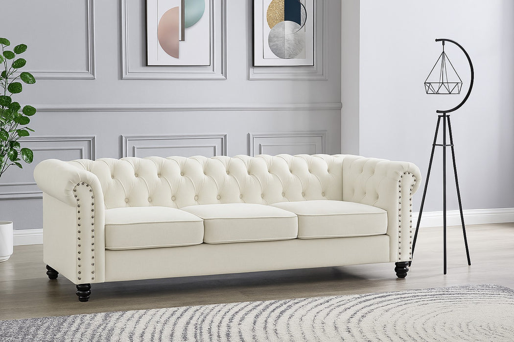 Chesterfield Velvet Fabric 3 Seater Sofa, Cream Velvet
