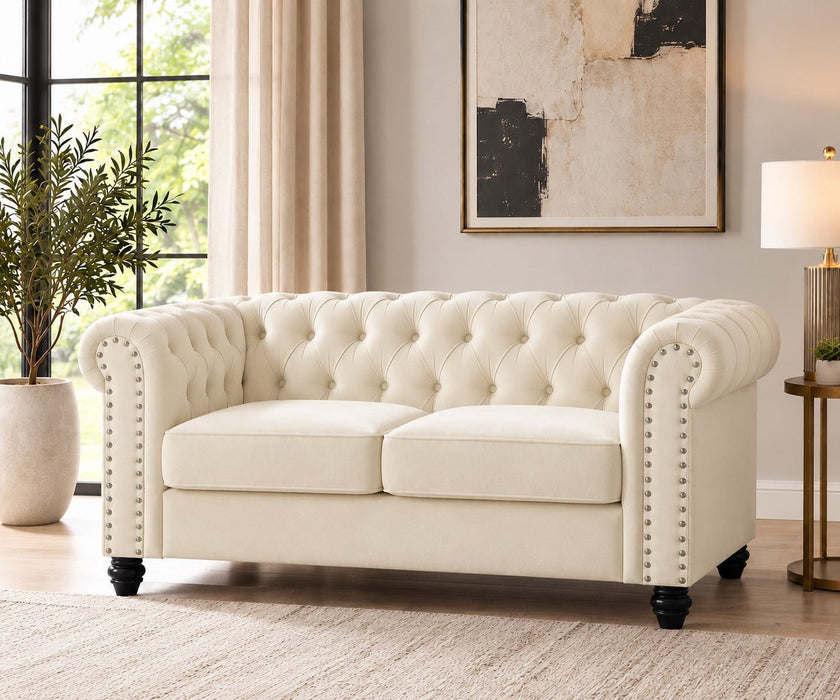 Chesterfield Velvet Fabric 2 Seater Sofa, Cream Velvet
