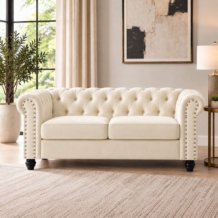 Chesterfield Velvet Fabric 2+3 Seater Sofa Set, Cream Velvet