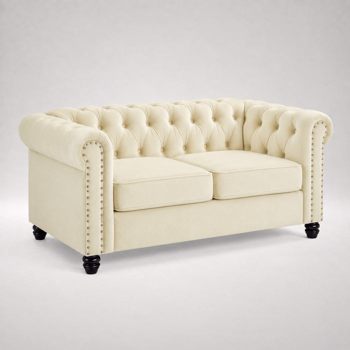 Chesterfield Velvet Fabric 2+3 Seater Sofa Set, Cream Velvet