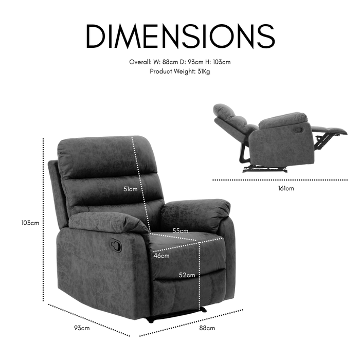 Maxwell Sofa Suite Armchair Manual Recliner Air Leather Padded, Grey