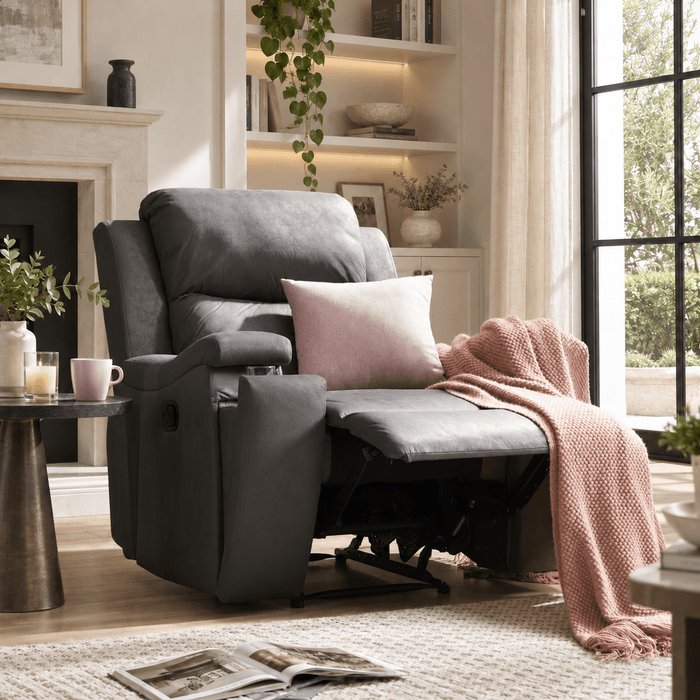 Collins Sofa Suite Armchair Manual Recliner With Armrest Cupholders Grey Air Leather