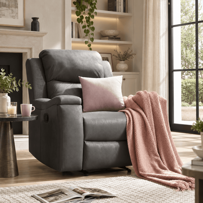 Collins Sofa Suite Armchair Manual Recliner With Armrest Cupholders Grey Air Leather