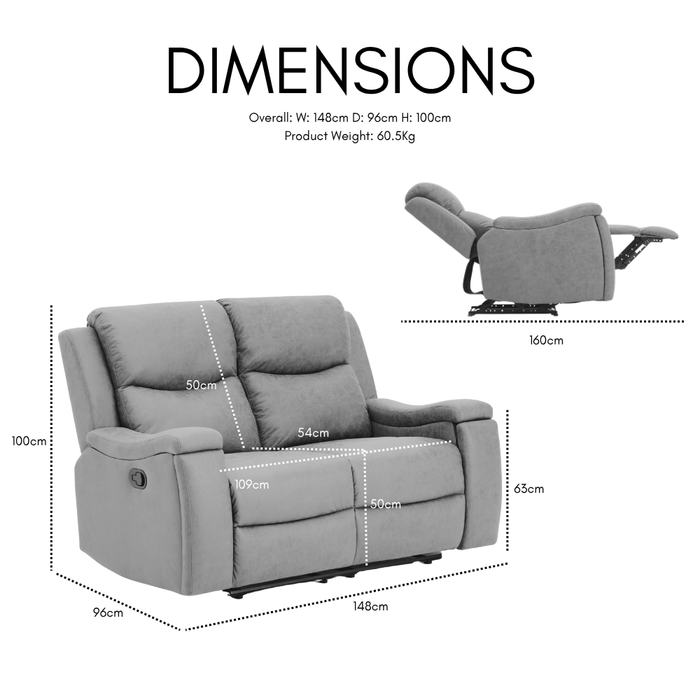 Collins Sofa Suite 2 Seater Manual Recliner With Armrest Cupholders, Grey Air Leather