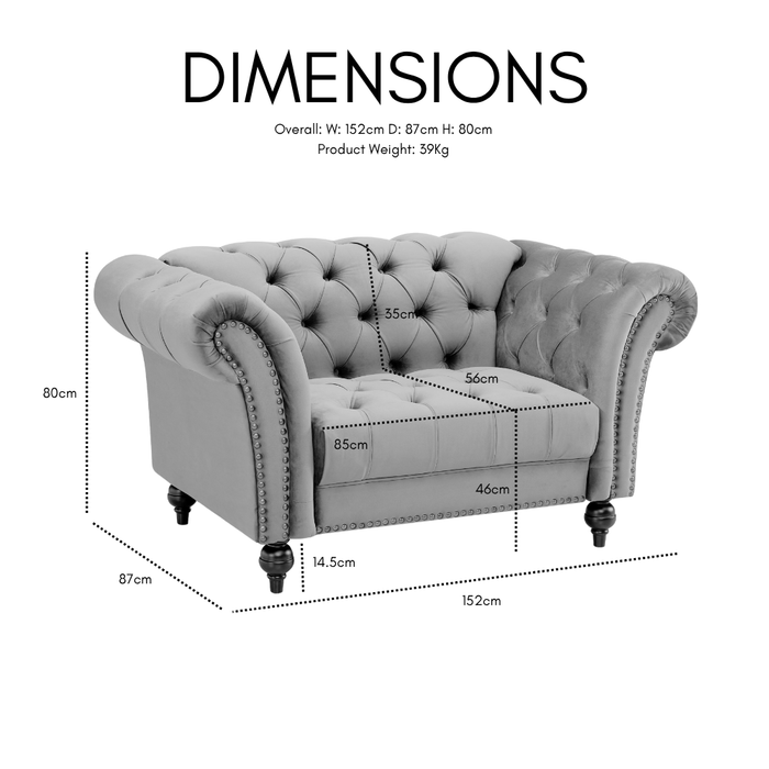 Mayfair Velvet Fabric 1.5 Seater Sofa, Grey