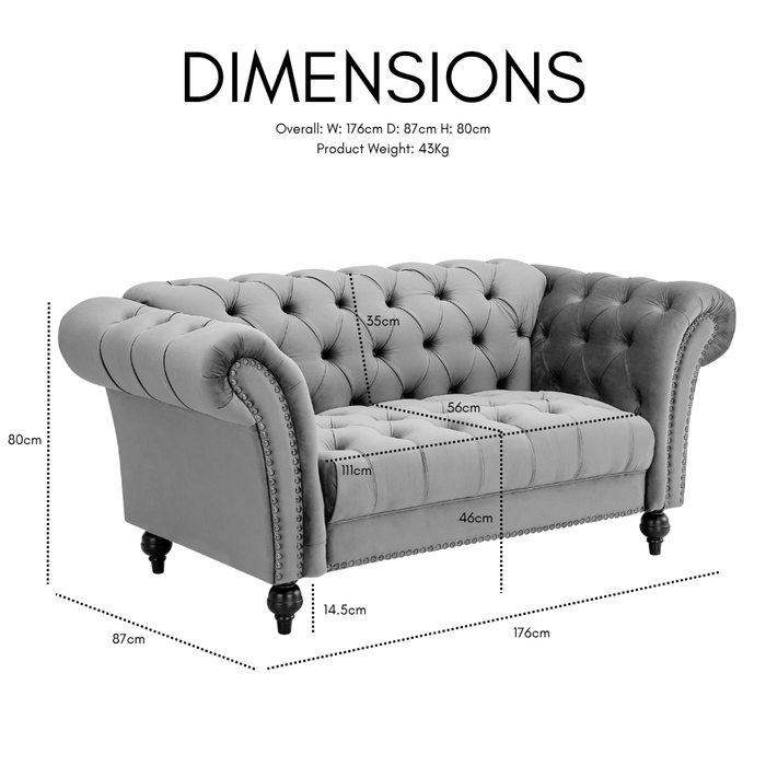Mayfair Velvet Fabric 2 Seater Sofa, Grey