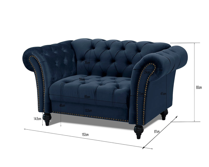 Mayfair Velvet Fabric 1.5 Seater Sofa, Midnight Blue