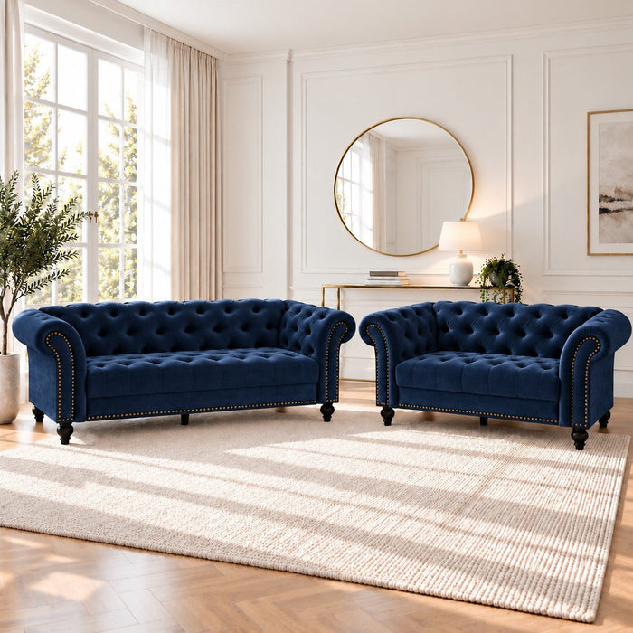Mayfair Velvet Fabric 2+3 Seater Sofa Set, Midnight Blue Velvet