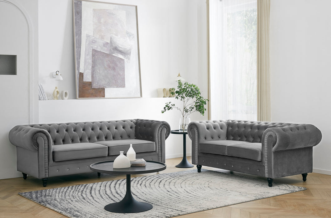 Chesterfield Pleat Velvet Fabric 2+3 Seater Sofa Set, Grey Velvet