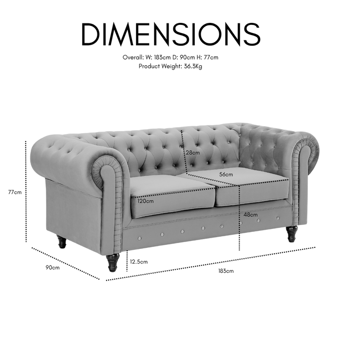 Chesterfield Pleat Velvet Fabric 2 Seater Sofa, Grey