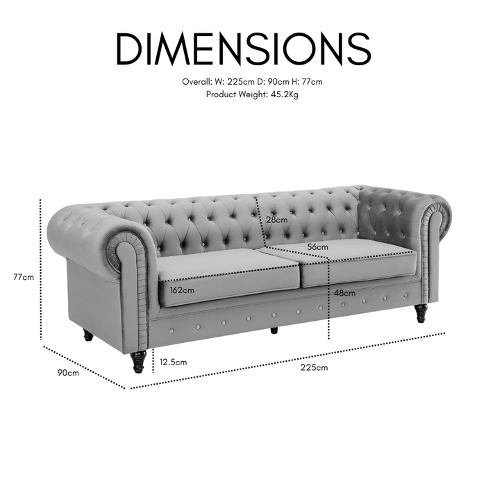 Chesterfield Pleat Velvet Fabric 3 Seater Sofa, Midnight Blue