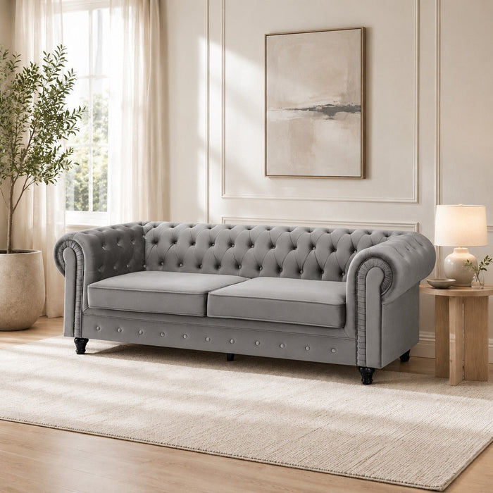 Chesterfield Pleat Velvet Fabric 3 Seater Sofa, Grey