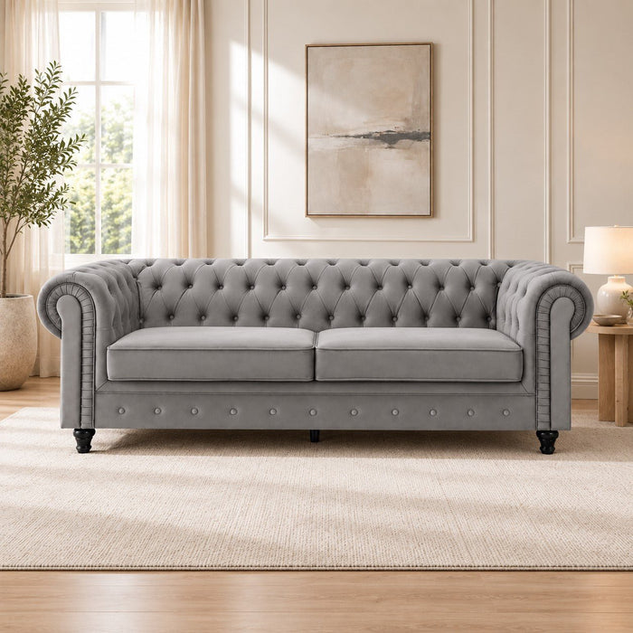 Chesterfield Pleat Velvet Fabric 3 Seater Sofa, Grey