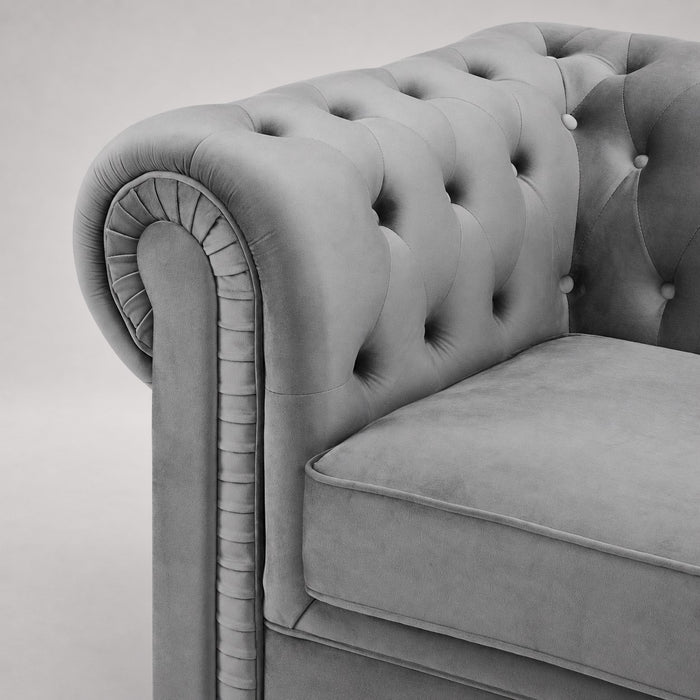 Chesterfield Pleat Velvet Fabric 3 Seater Sofa, Grey