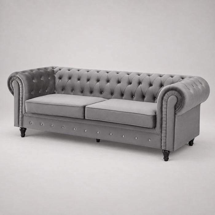 Chesterfield Pleat Velvet Fabric 3 Seater Sofa, Grey