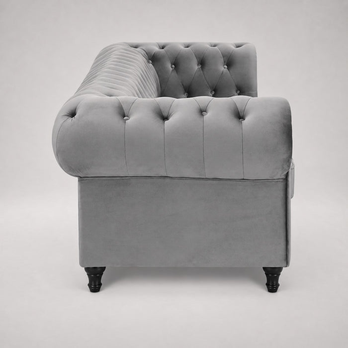 Chesterfield Pleat Velvet Fabric 3 Seater Sofa, Grey