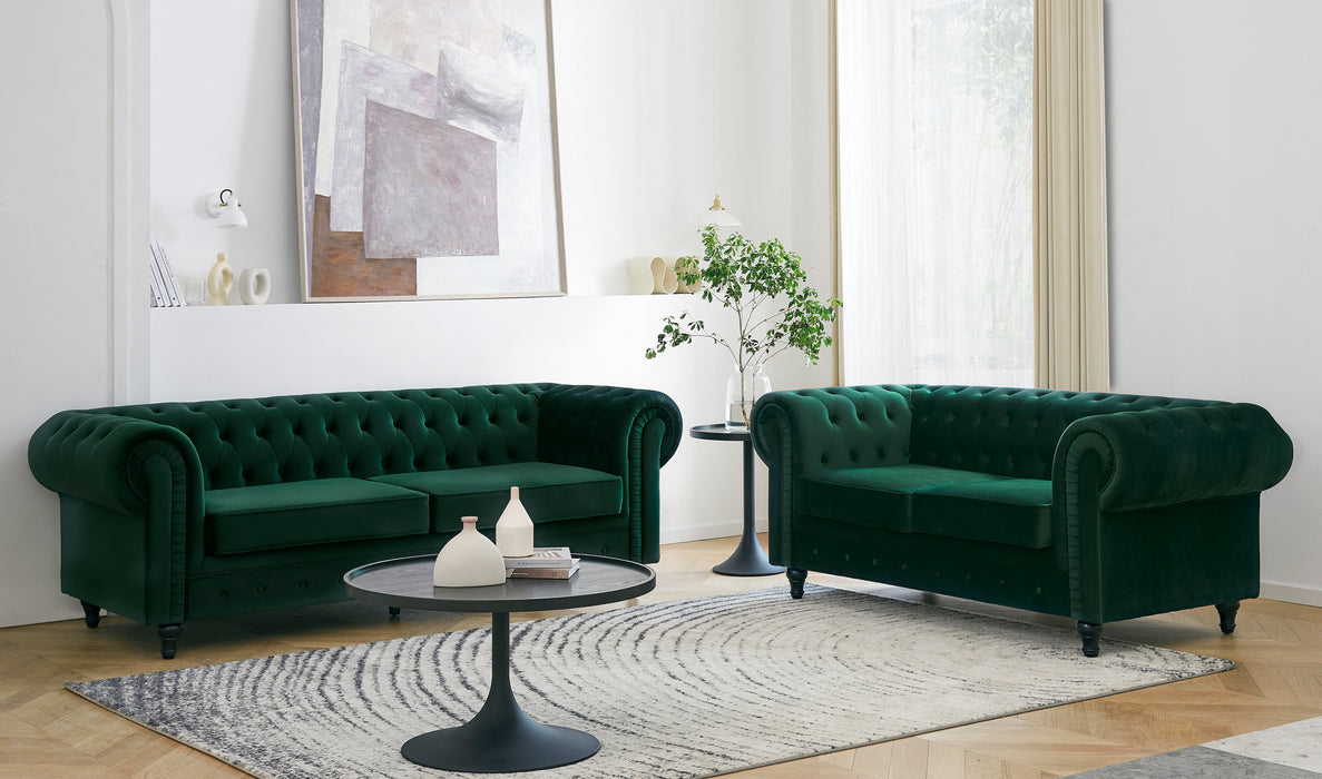 Chesterfield Pleat Velvet Fabric 2+3 Seater Sofa Set, Green Velvet