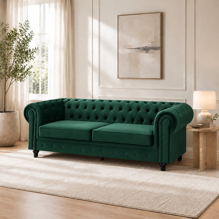 Chesterfield Pleat Velvet Fabric 2 Seater Sofa, Green