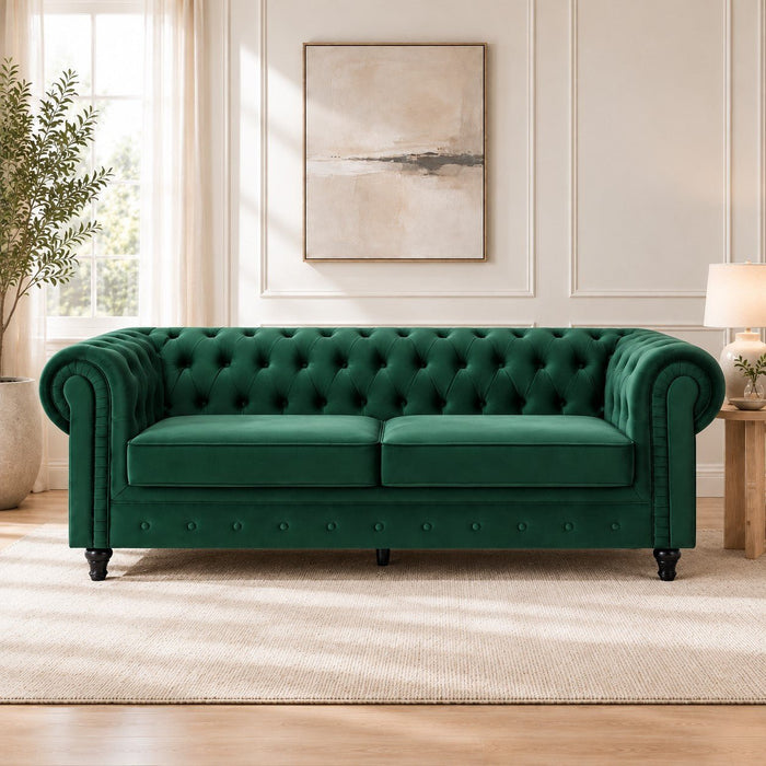 Chesterfield Pleat Velvet Fabric 2 Seater Sofa, Green