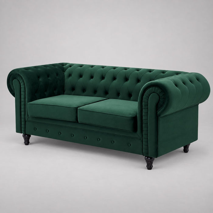 Chesterfield Pleat Velvet Fabric 3 Seater Sofa, Green