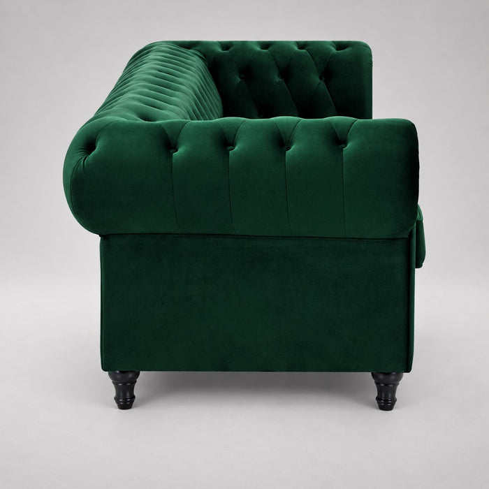 Chesterfield Pleat Velvet Fabric 3 Seater Sofa, Green