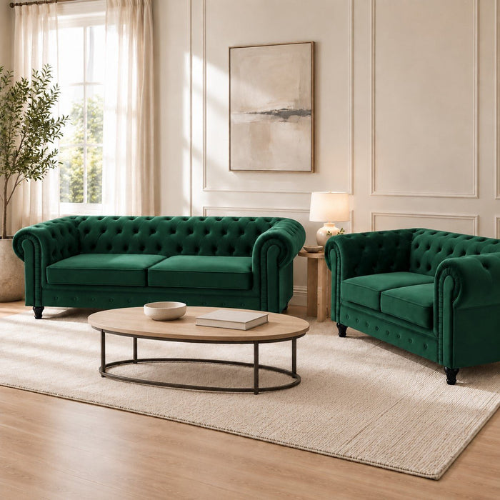 Chesterfield Pleat Velvet Fabric 2+3 Seater Sofa Set, Green Velvet