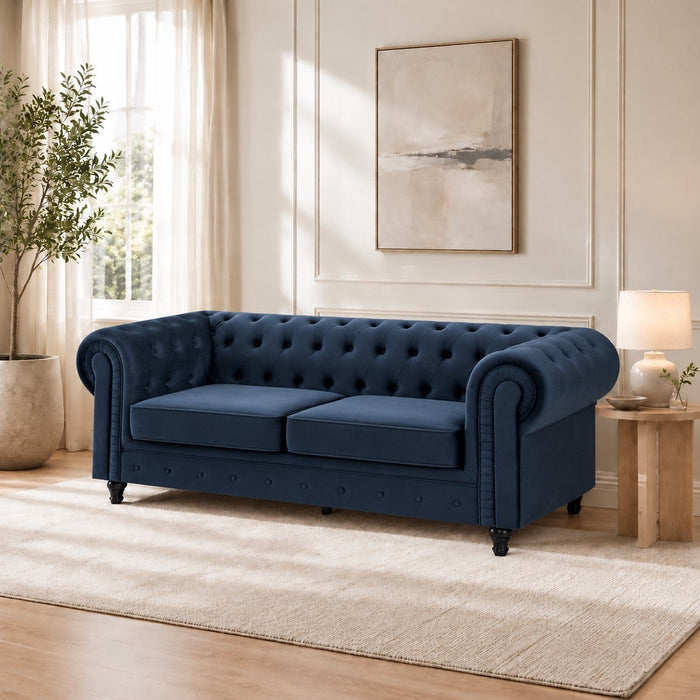Chesterfield Pleat Velvet Fabric 2 Seater Sofa, Midnight Blue