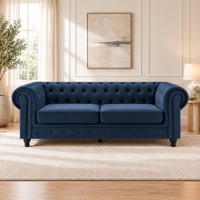 Chesterfield Pleat Velvet Fabric 3 Seater Sofa, Midnight Blue
