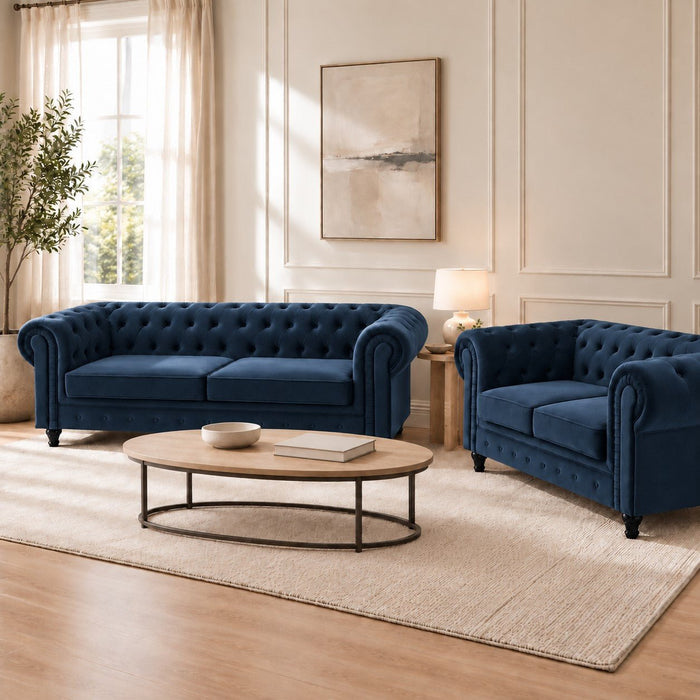 Chesterfield Pleat Velvet Fabric 2+3 Seater Sofa Set, Midnight Blue Velvet