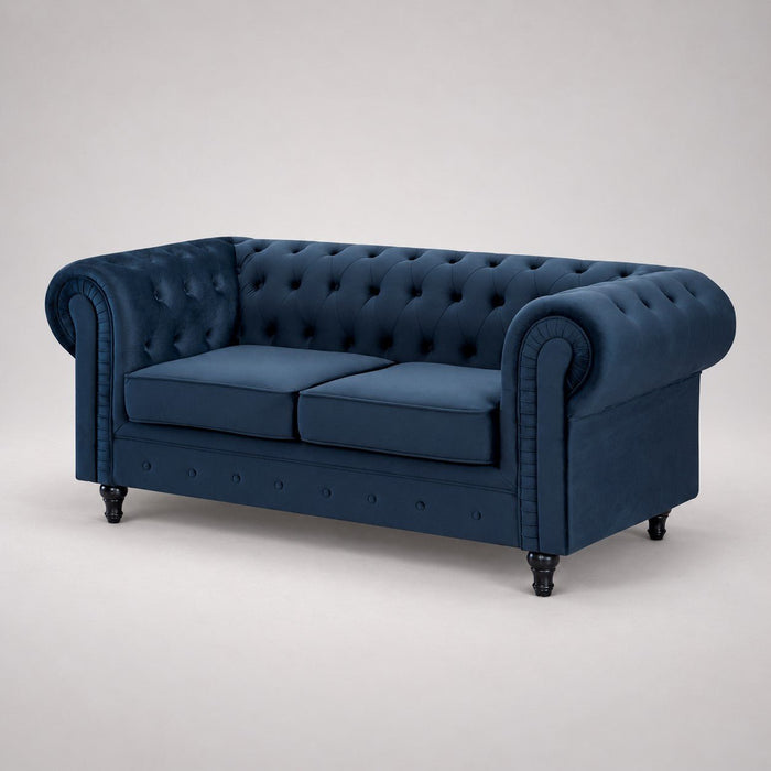 Chesterfield Pleat Velvet Fabric 2+3 Seater Sofa Set, Midnight Blue Velvet
