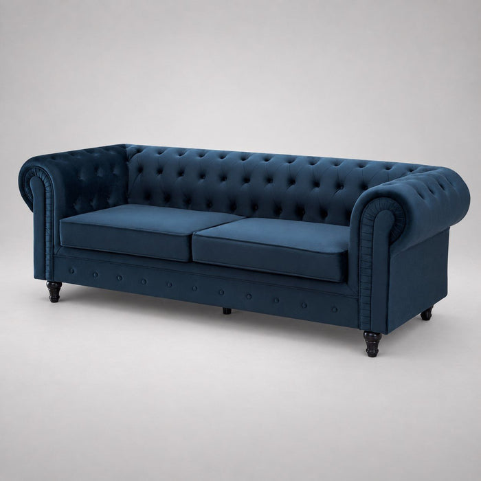 Chesterfield Pleat Velvet Fabric 2+3 Seater Sofa Set, Midnight Blue Velvet