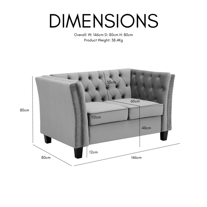 Chelsea Velvet Fabric 2 Seater Sofa, Light Grey