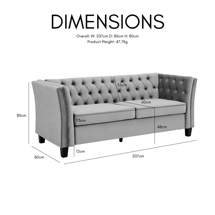 Chelsea Velvet Fabric 3 Seater Sofa, Light Grey