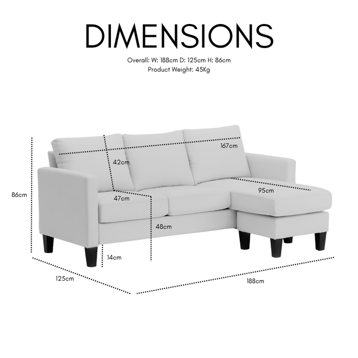 Leah 3 Seater Fabric Sofa L-Shaped Reversible Chaise Corner With Black Legs, Grey