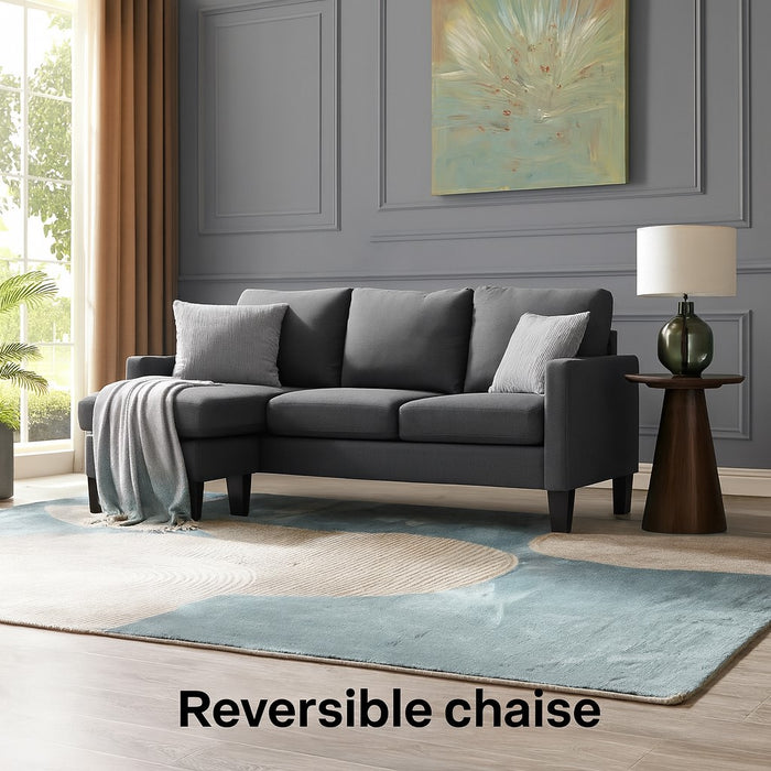 Leah 3 Seater Fabric Sofa L-Shaped Reversible Chaise Corner With Black Legs, Grey