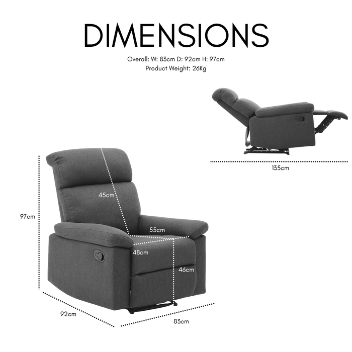 Brody Sofa Suite Armchair Manual Recliner Dark Grey Padded Fabric