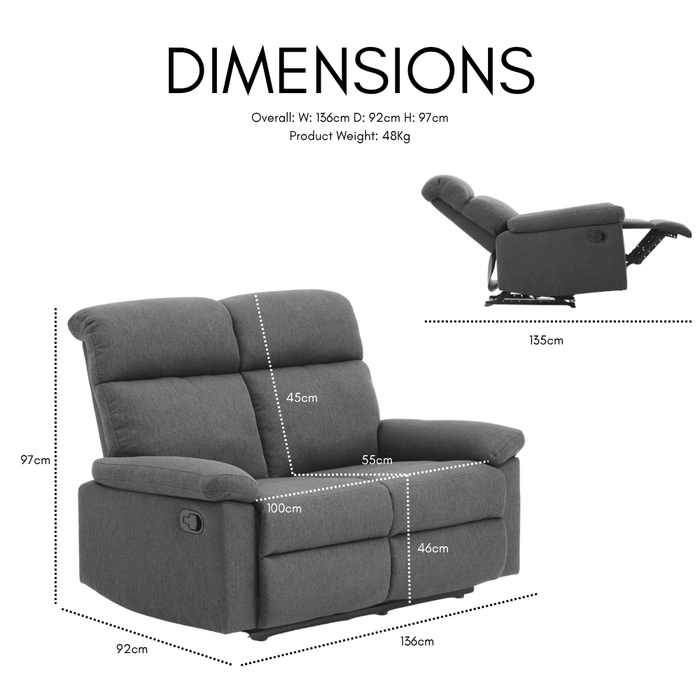 Brody Sofa Suite 2 Seater Manual Recliner Dark Grey Padded Fabric