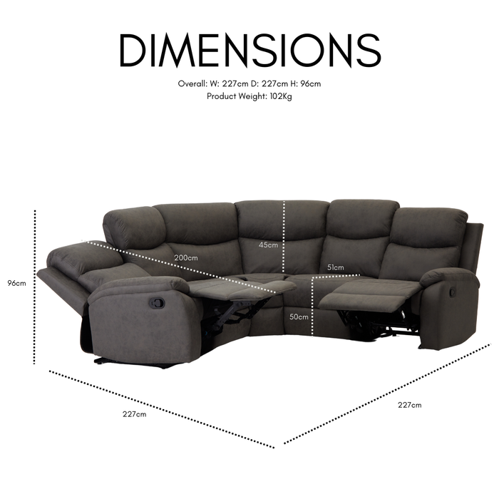 Selby 5 Seater Corner L-Shaped Manual Recliner Sofa Grey Air Leather