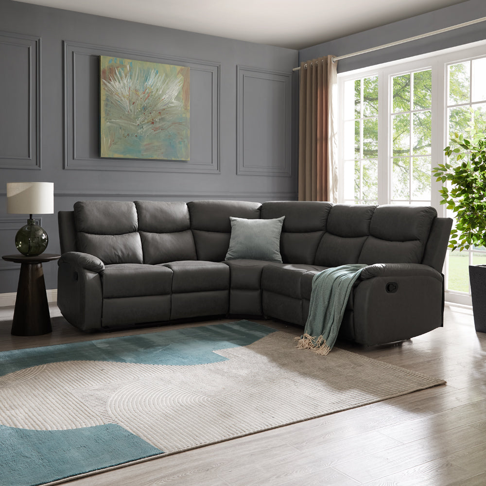 Beaumont grey leather recliner deals corner sofa